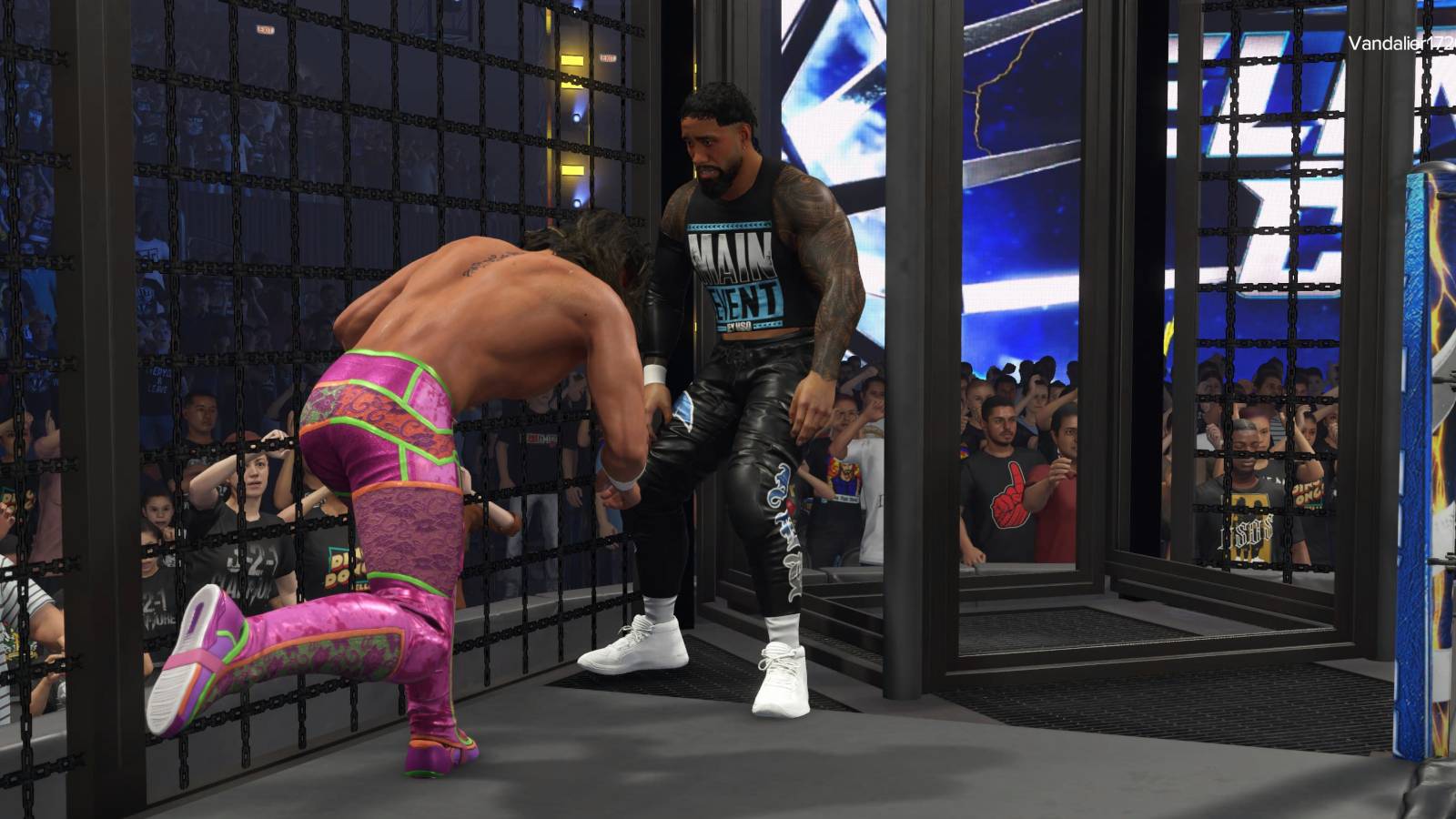 WWE 2K24  Seth Rollins hitting a spear through the pod