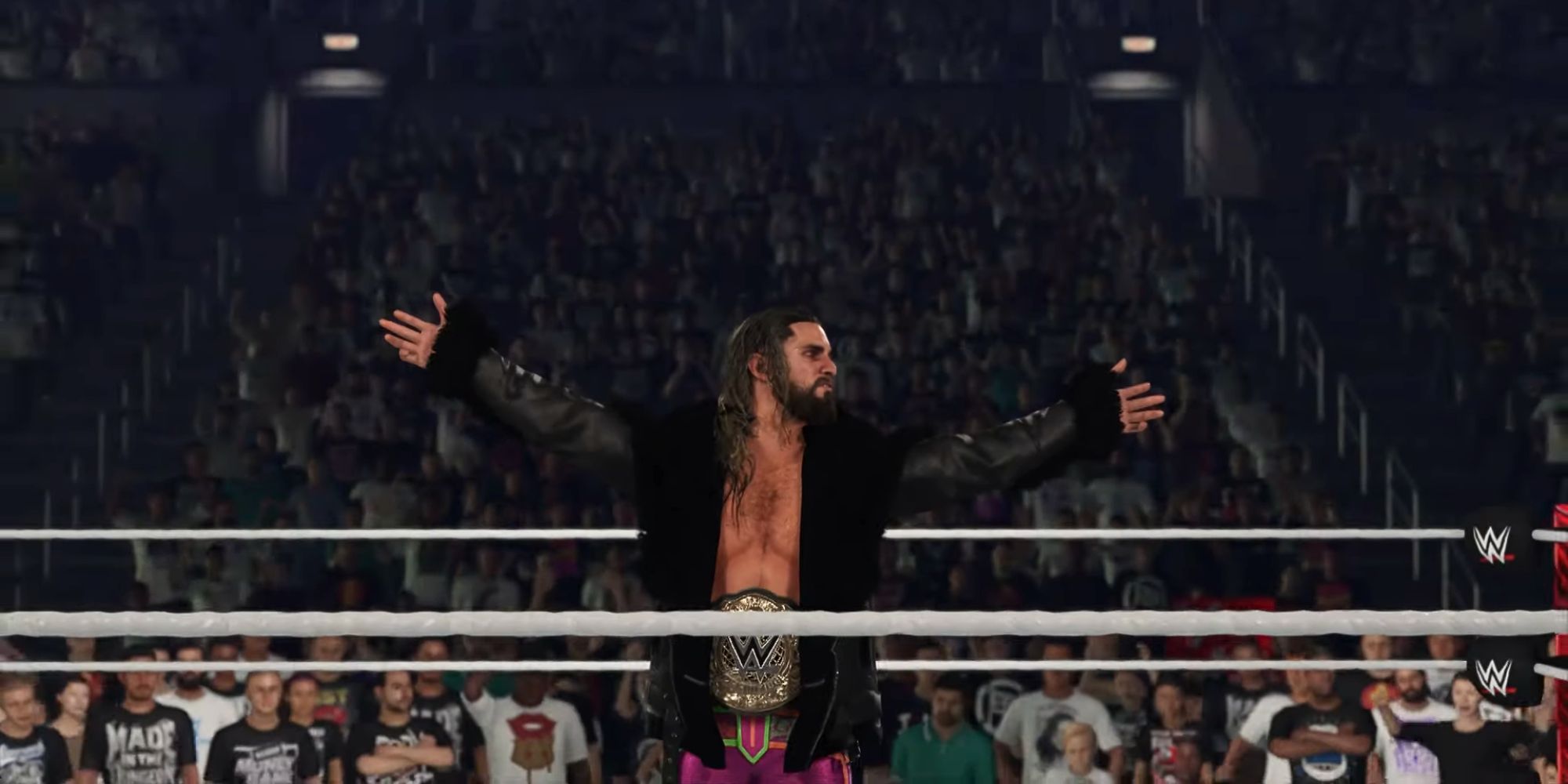 Seth Rollins posing with the World Heavyweight Championship around his waist in WWE 2K24