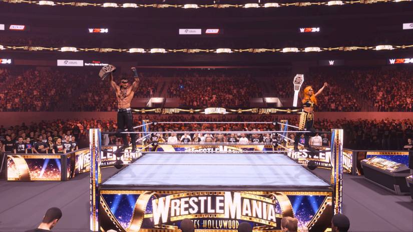 A created wrestler and Gigi Dolin celebrating their championship wins at Wrestlemania in WWE 2K24