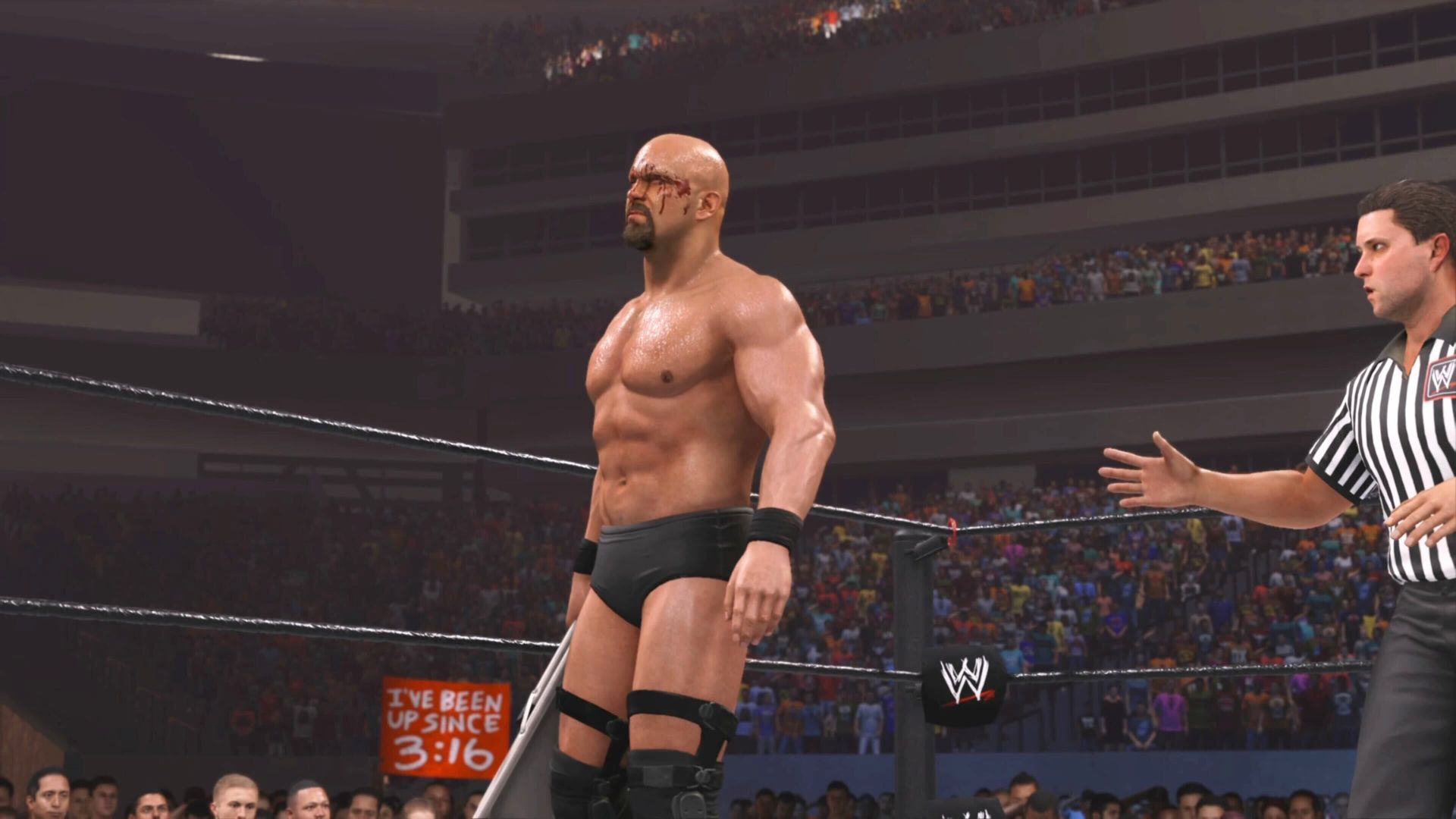 Stone Cold Steve Austin holding a chair with a bleeding head in WWE 2K24