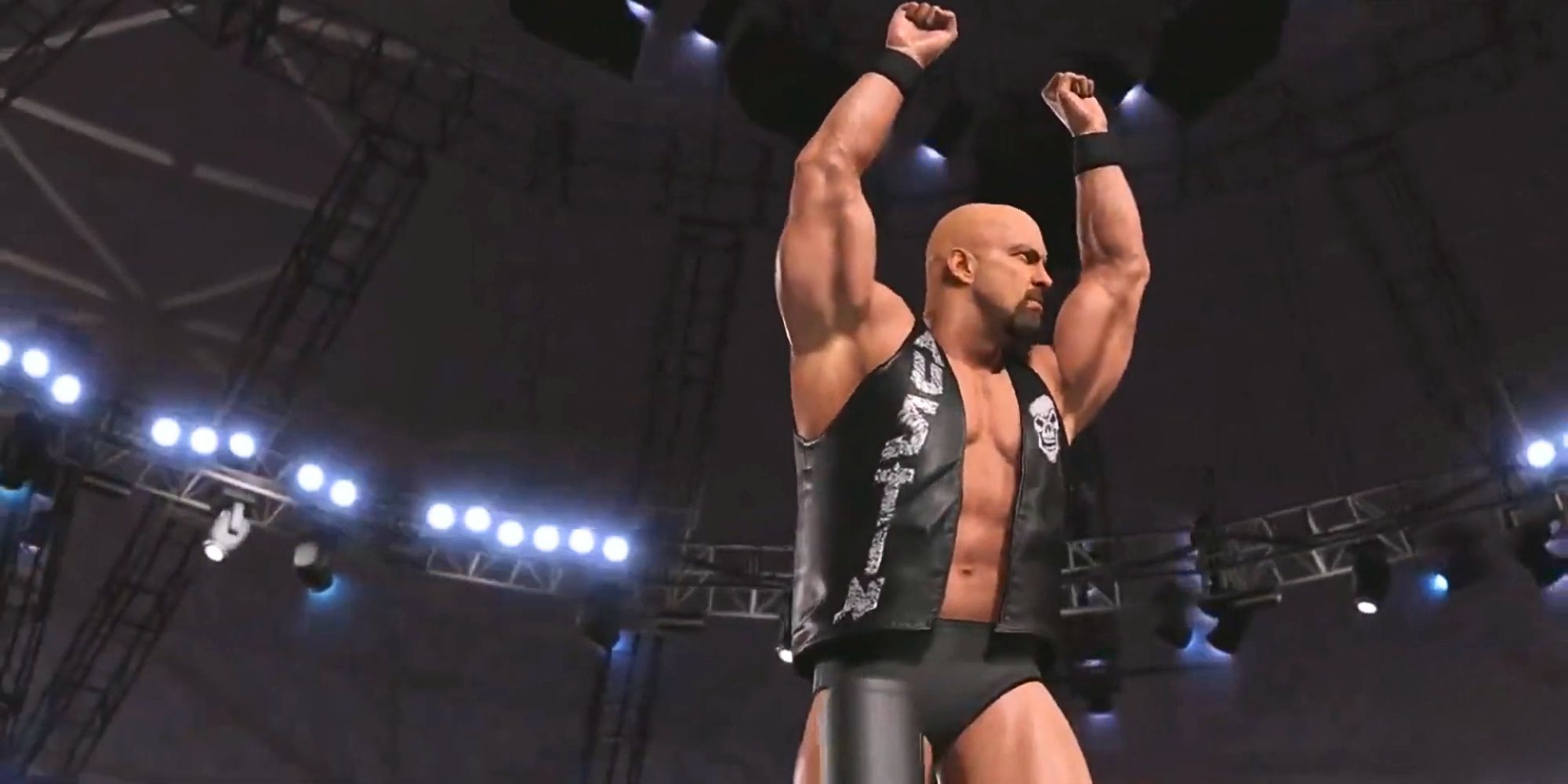 Stone Cold Steve Austin posing on the top rope in WWE 2K24