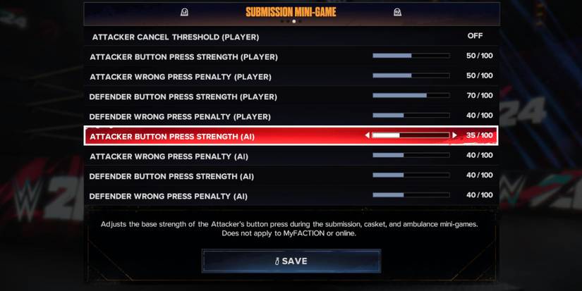 WWE 2K24 submission mini-game sliders