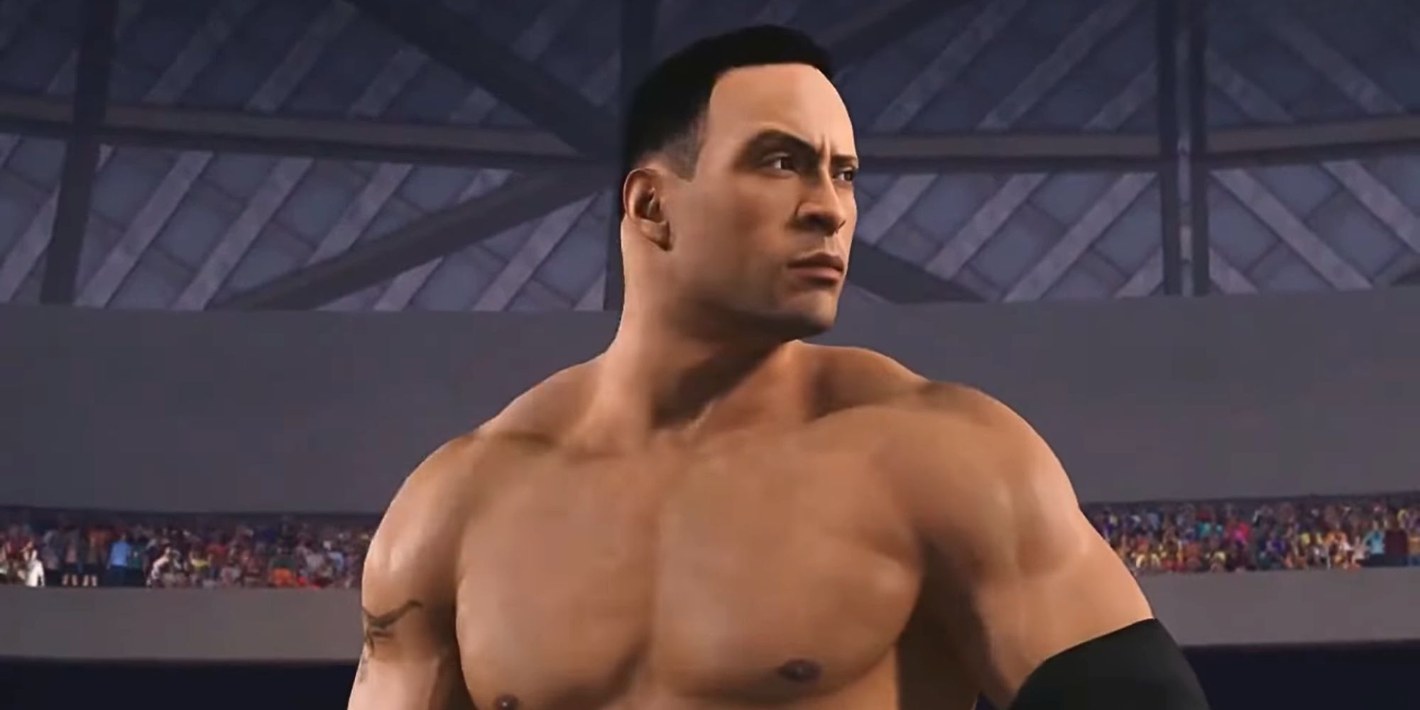 The Rock raising his eyebrow in WWE 2K24