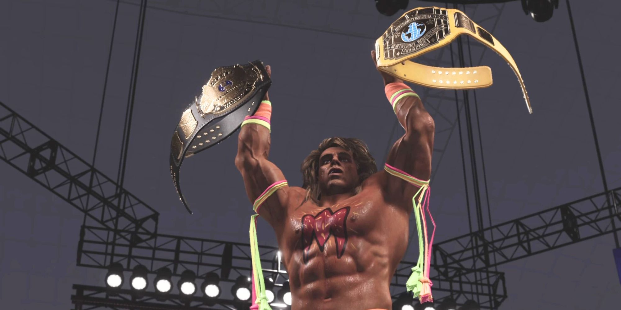 The Ultimate Warrior holding the WWE and Intercontinental Championships in WWE 2K24