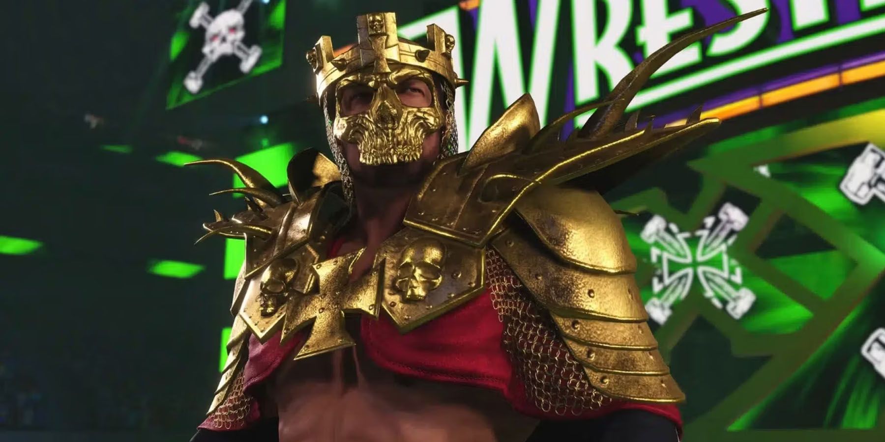 A screenshot of Triple H wearing his golden WrestleMania 30 outfit in WWE 2K24.