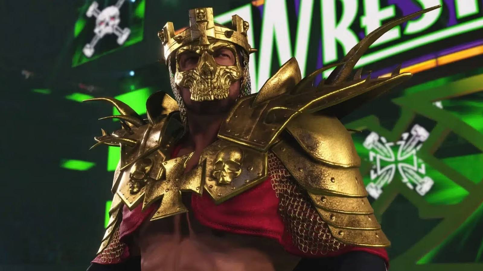 A screenshot of Triple H wearing his golden WrestleMania 30 outfit in WWE 2K24.