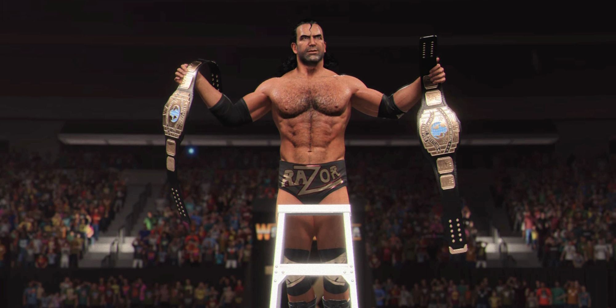 Razor Ramon holding two titles on top of a ladder in WWE 2K24