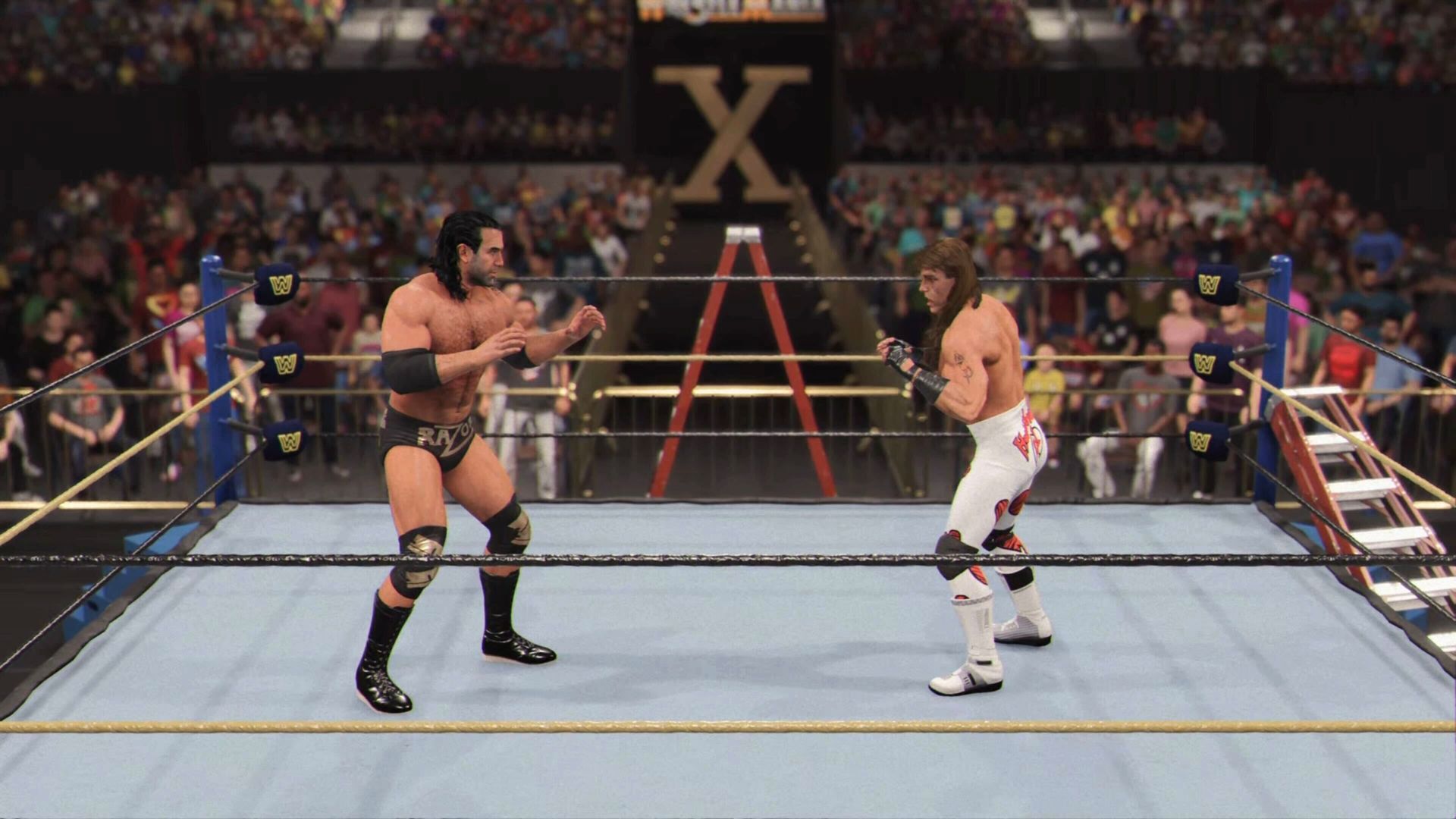 Razor Ramon and Shawn Michaels facing off in a ladder match in WWE 2K24 - Razor Ramon vs Shawn Michaels Match 7 Rewards