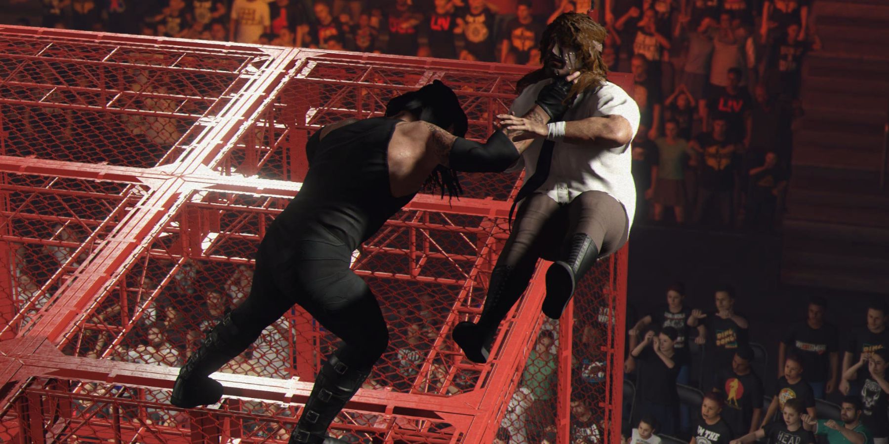 WWE 2K24 Undertaker chokeslamming Mankind from the Hell in a Cell roof