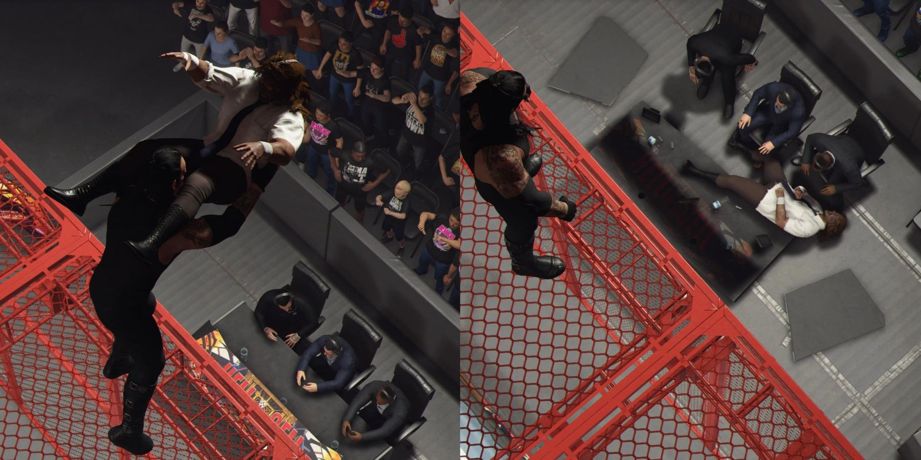 WWE 2K24 Undertaker Powerbombing Mankind through the announcer's table