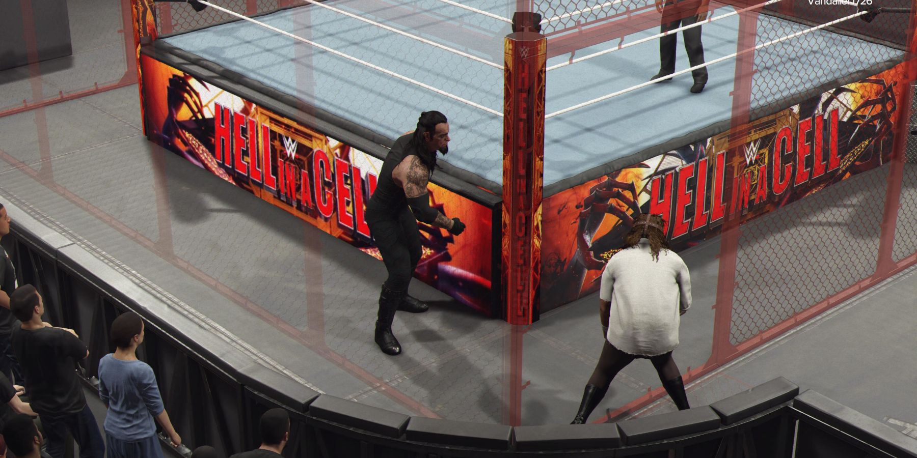 WWE 2K24 Undertaker throwing through Mankind through the Hell in a Cell