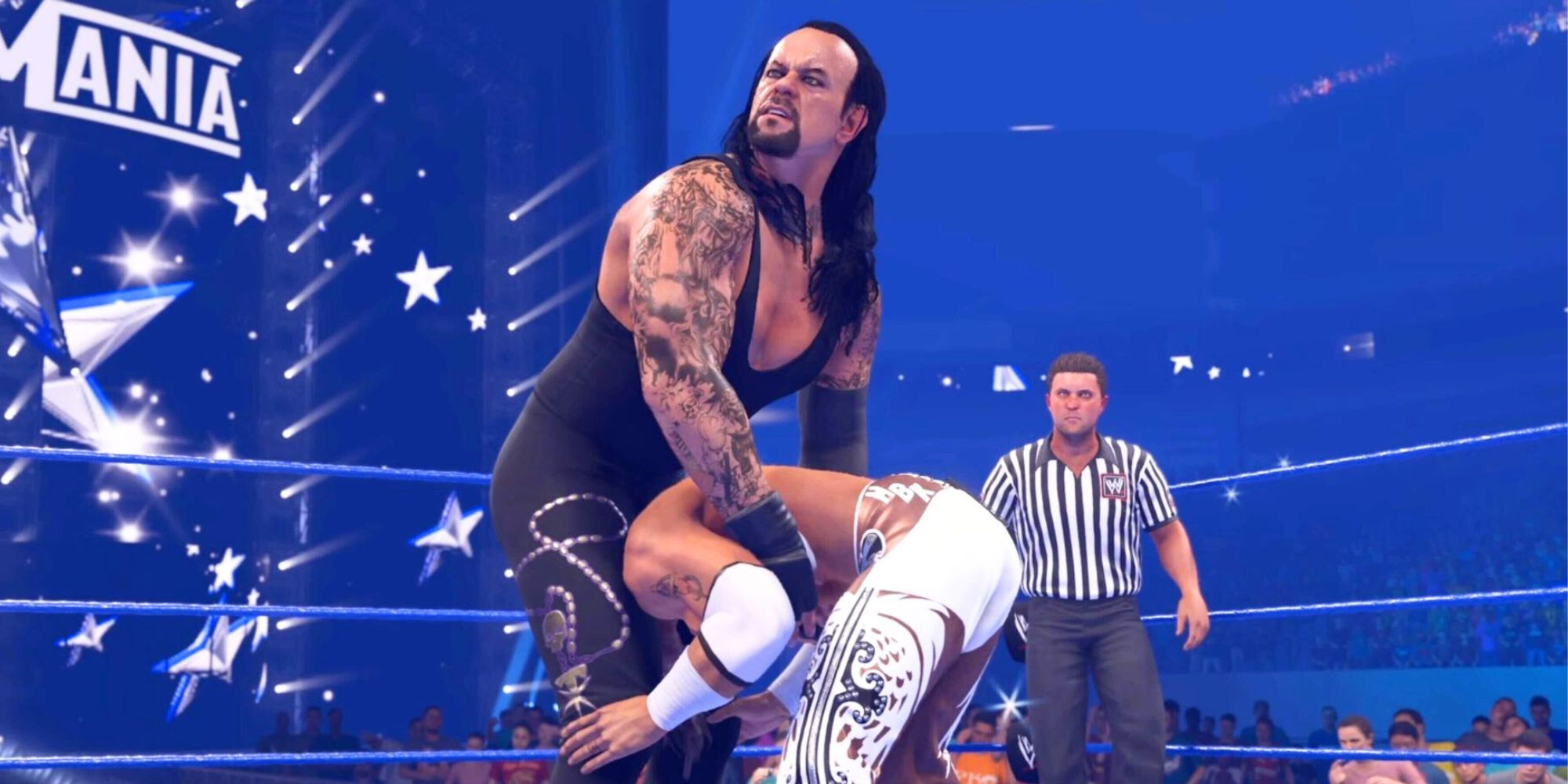 The Undertaker about to perform his signature move on Shawn Michaels in WWE 2K24