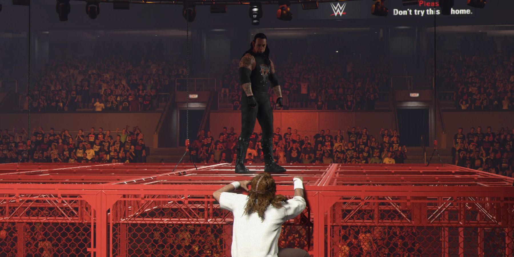 WWE 2K24 Undertaker waiting for Mankind on the Hell in a Cell roof