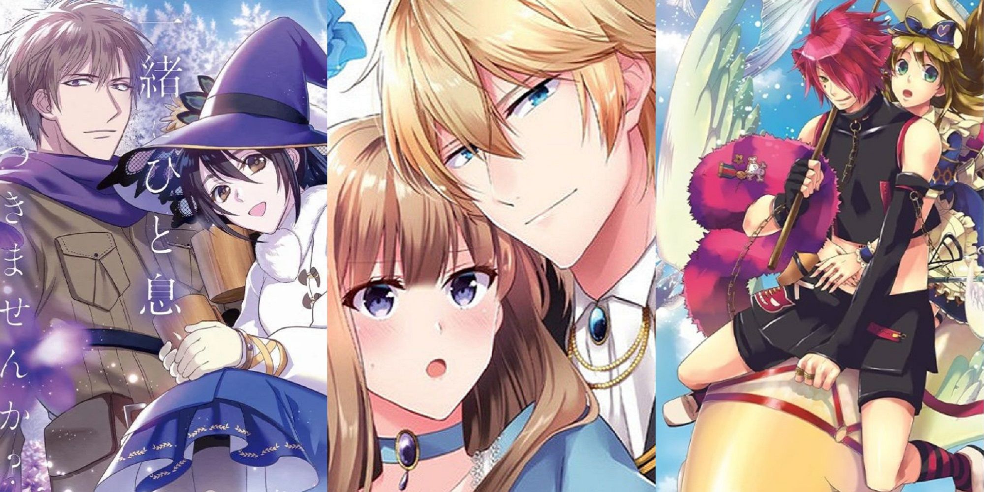 Split image of Alec and Shiori from Housekeeper Mage from Another World, Liddy and Friedrich from I'll Never Be Your Crown Princess, and Alice and Boris from Alice in the Country of Clover manga