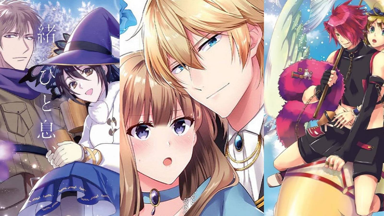 Split image of Alec and Shiori from Housekeeper Mage from Another World, Liddy and Friedrich from I'll Never Be Your Crown Princess, and Alice and Boris from Alice in the Country of Clover manga