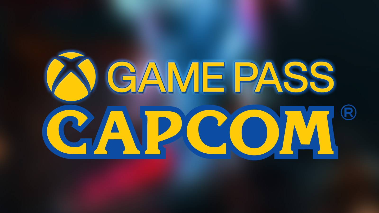 Yellow and Blue Xbox Game Pass logo above Capcom logo on blurred Kunitsu-Gami Path of the Goddess promo screenshot