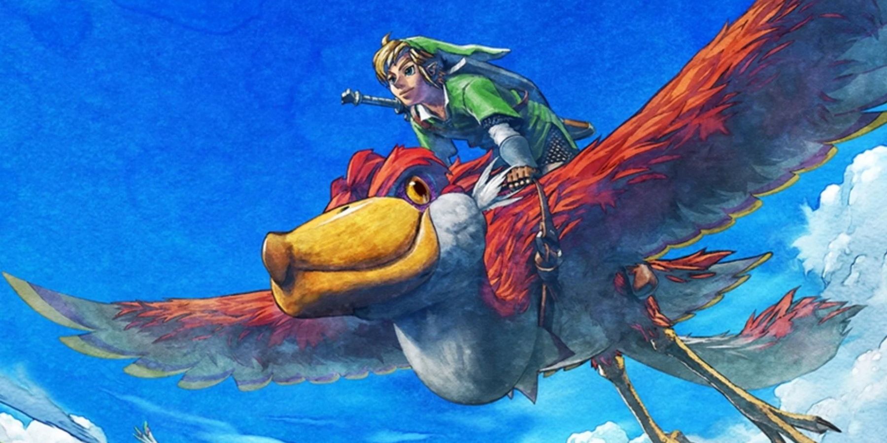 A key visual for The Legend of Zelda: Skyward Sword showing Link riding the Crimson Loftwing.