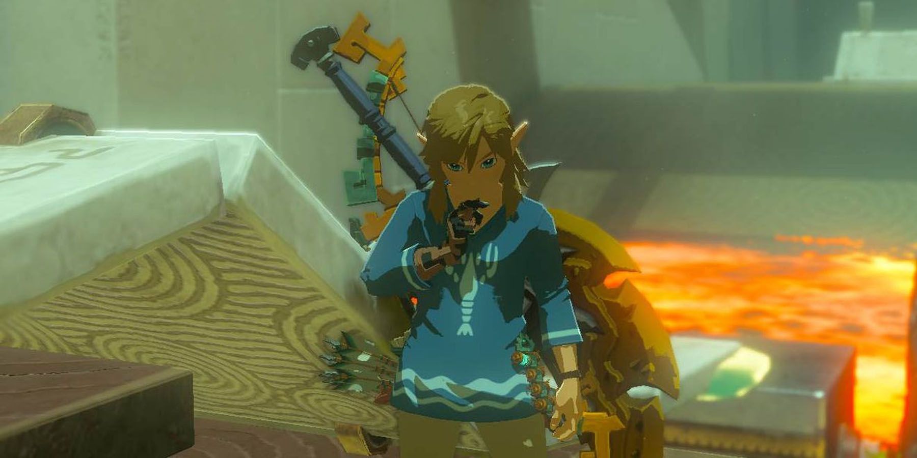 A screenshot of Link thinking inside a dungeon in The Legend of Zelda: Tears of the Kingdom.