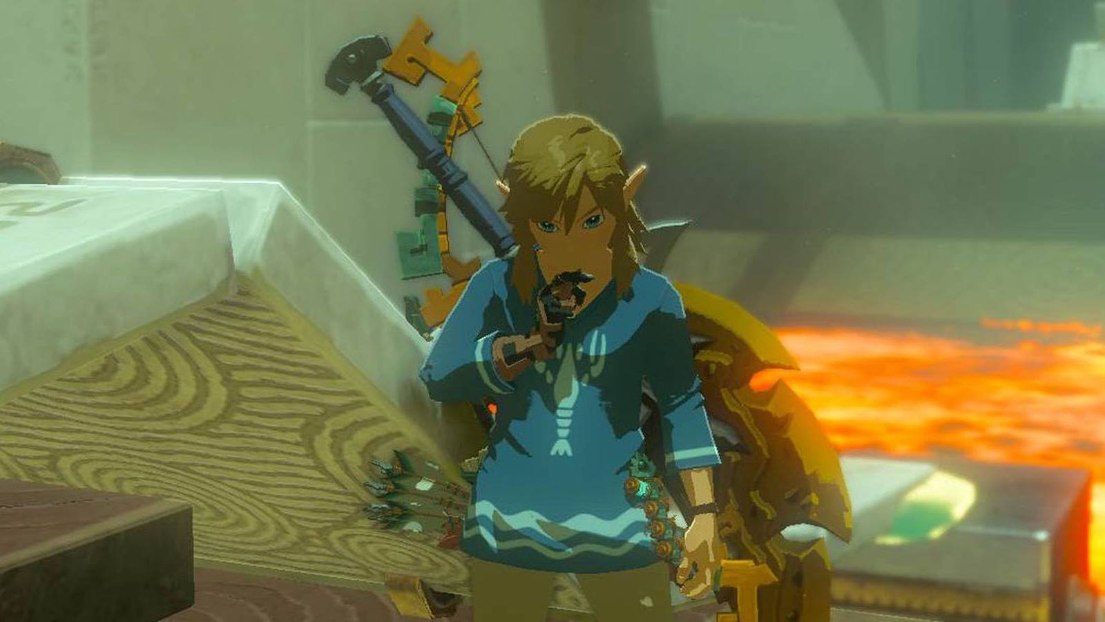 A screenshot of Link thinking inside a dungeon in The Legend of Zelda: Tears of the Kingdom.