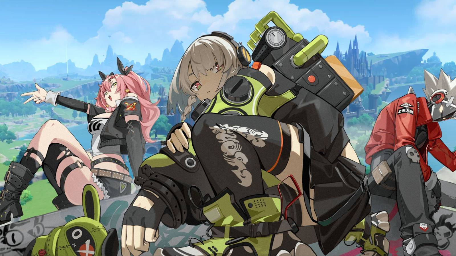 Zenless Zone Zero characters on a Genshin Impact background. 