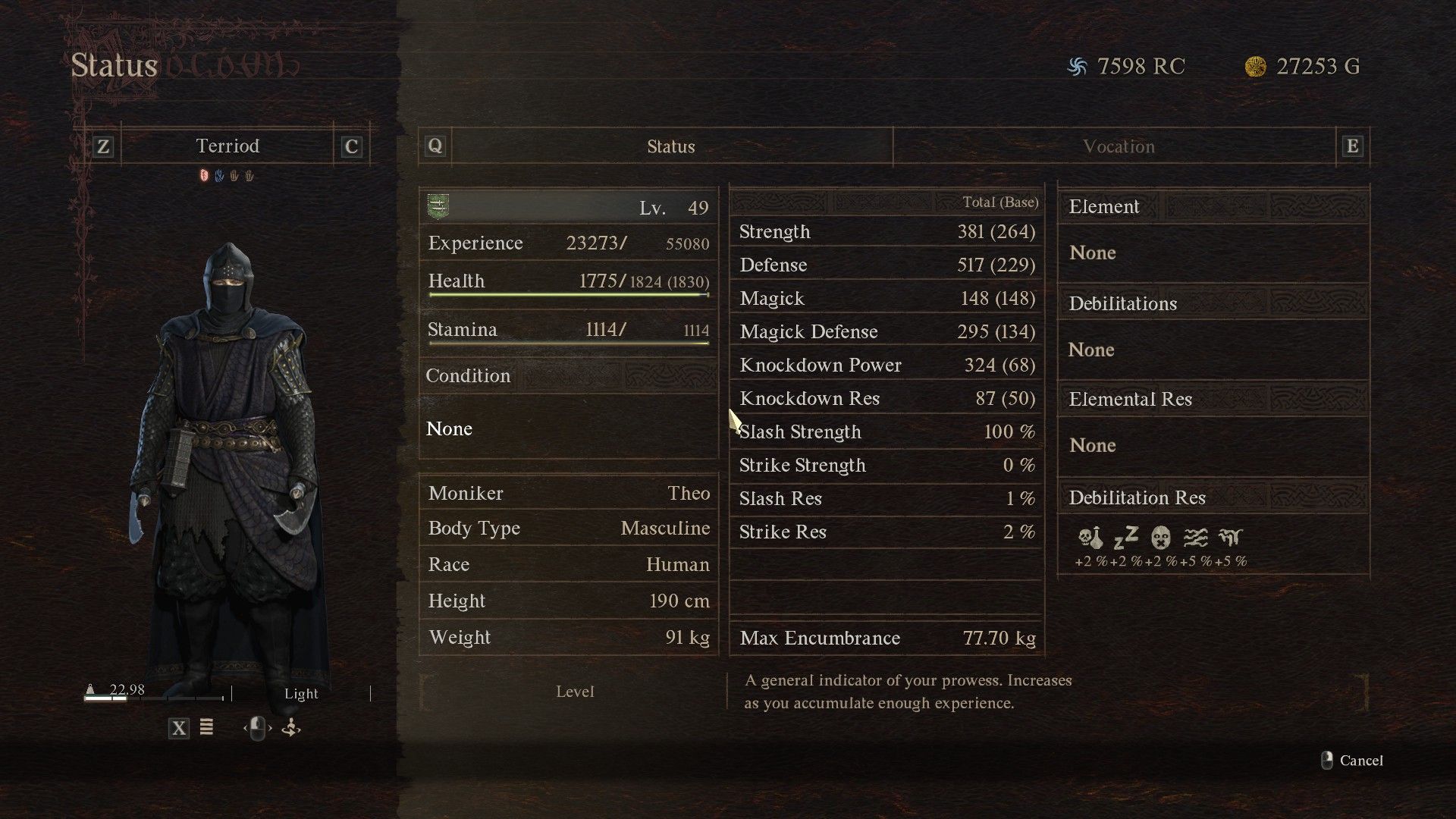Stat sheet of a level 49 character in Dragon's Dogma 2