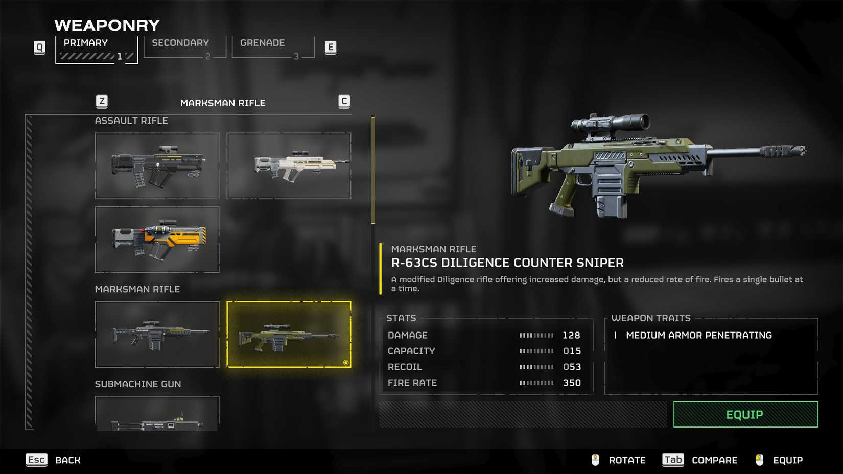 The Diligence Counter Sniper in the Helldivers 2 arsenal menu