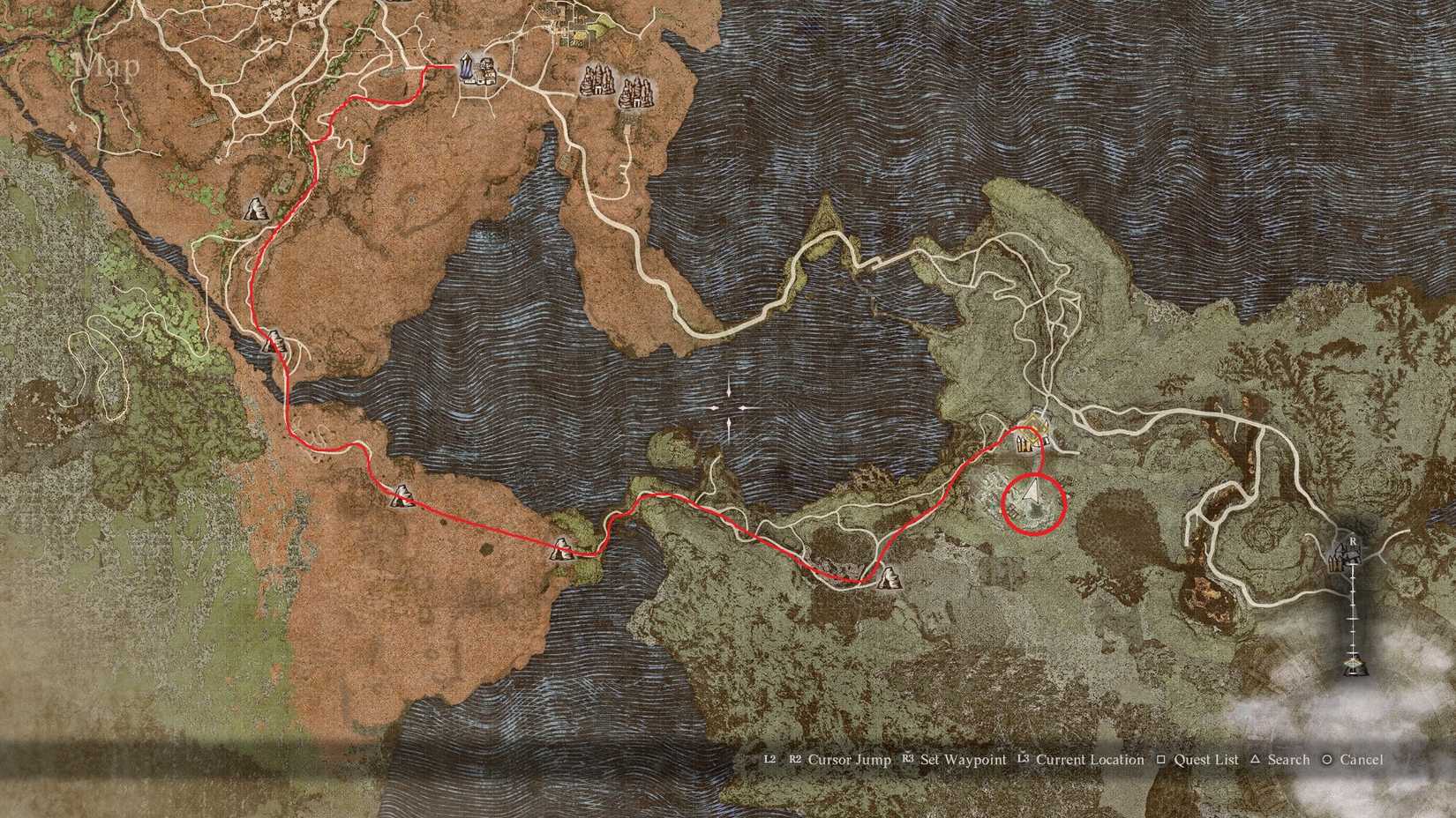 map pointing to the hot spring in Dragon's Dogma 2