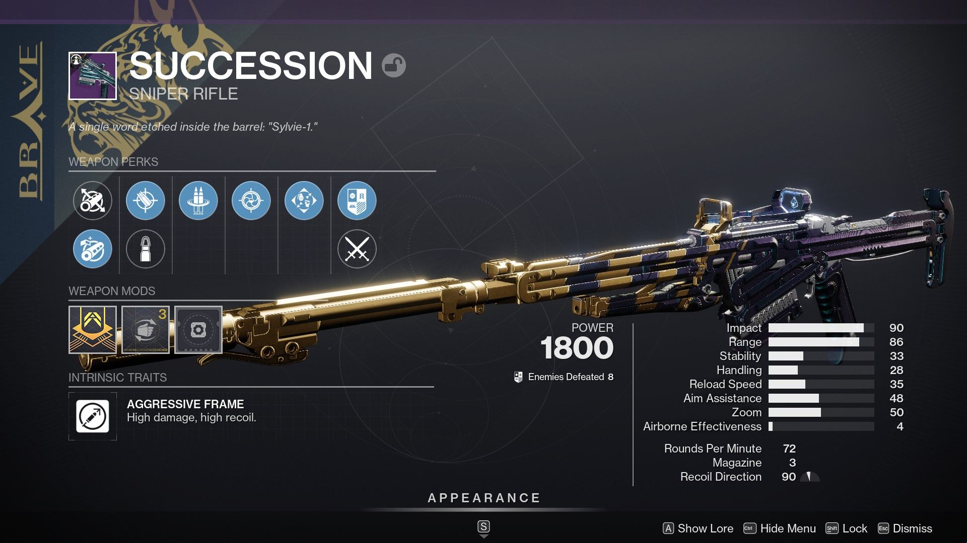 Brave arsenal variant of the Succession rifle in Destiny 2