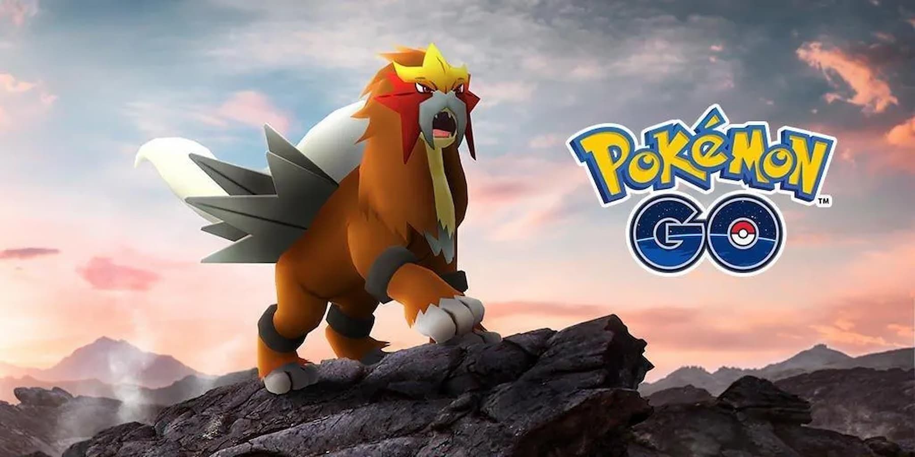 The Pokemon Entei from Pokemon Go standing on a rock