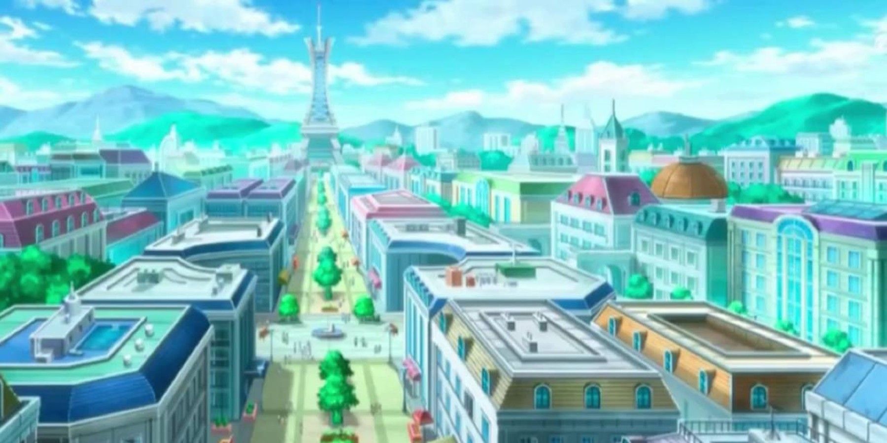 bird's eye view of lumiose city in the pokemon anime