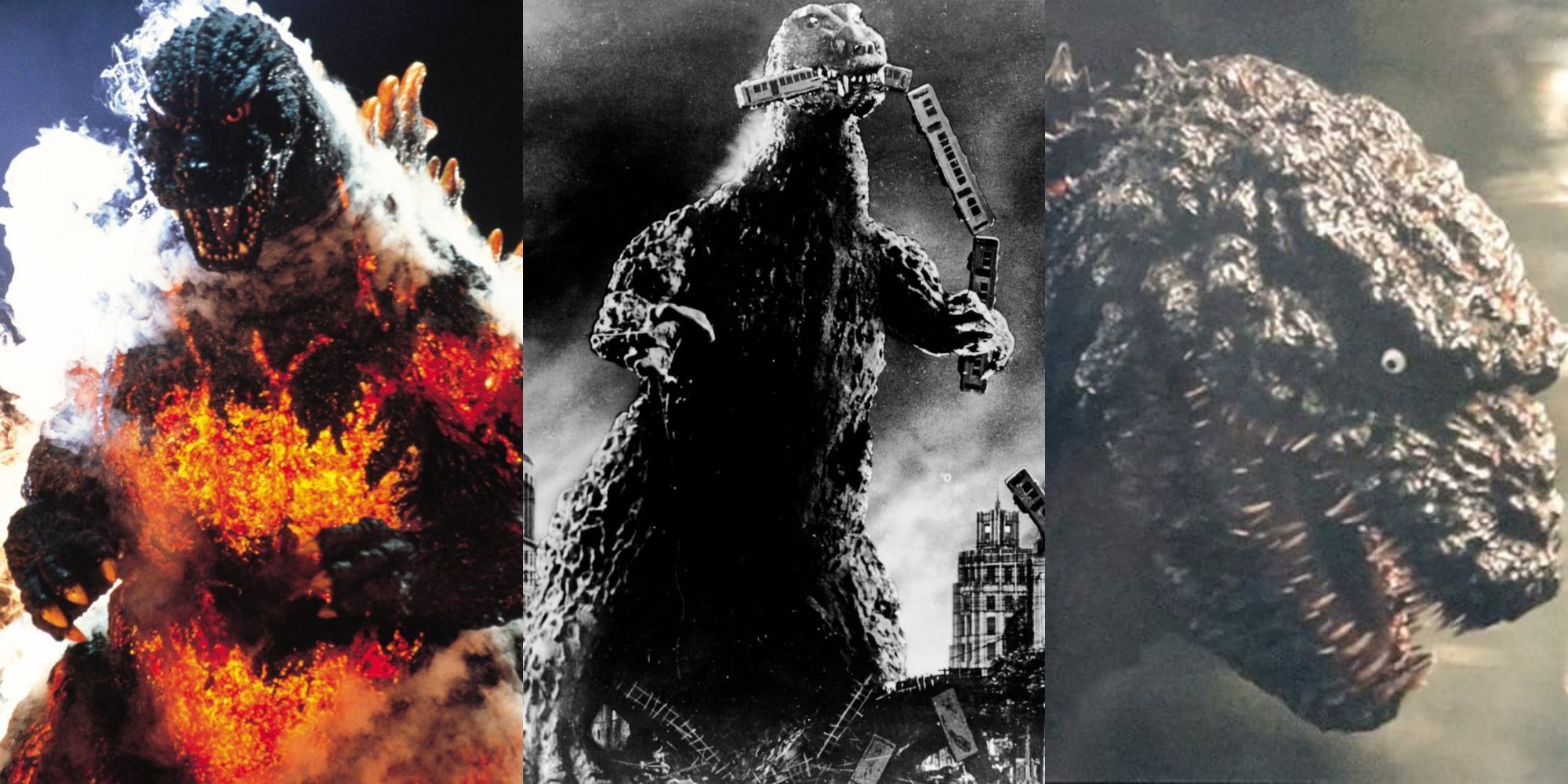 A collage with some of the darkest versions of Godzilla, from Godzilla vs. Destoroyah, Godzilla (1954) and Shin Godzilla.