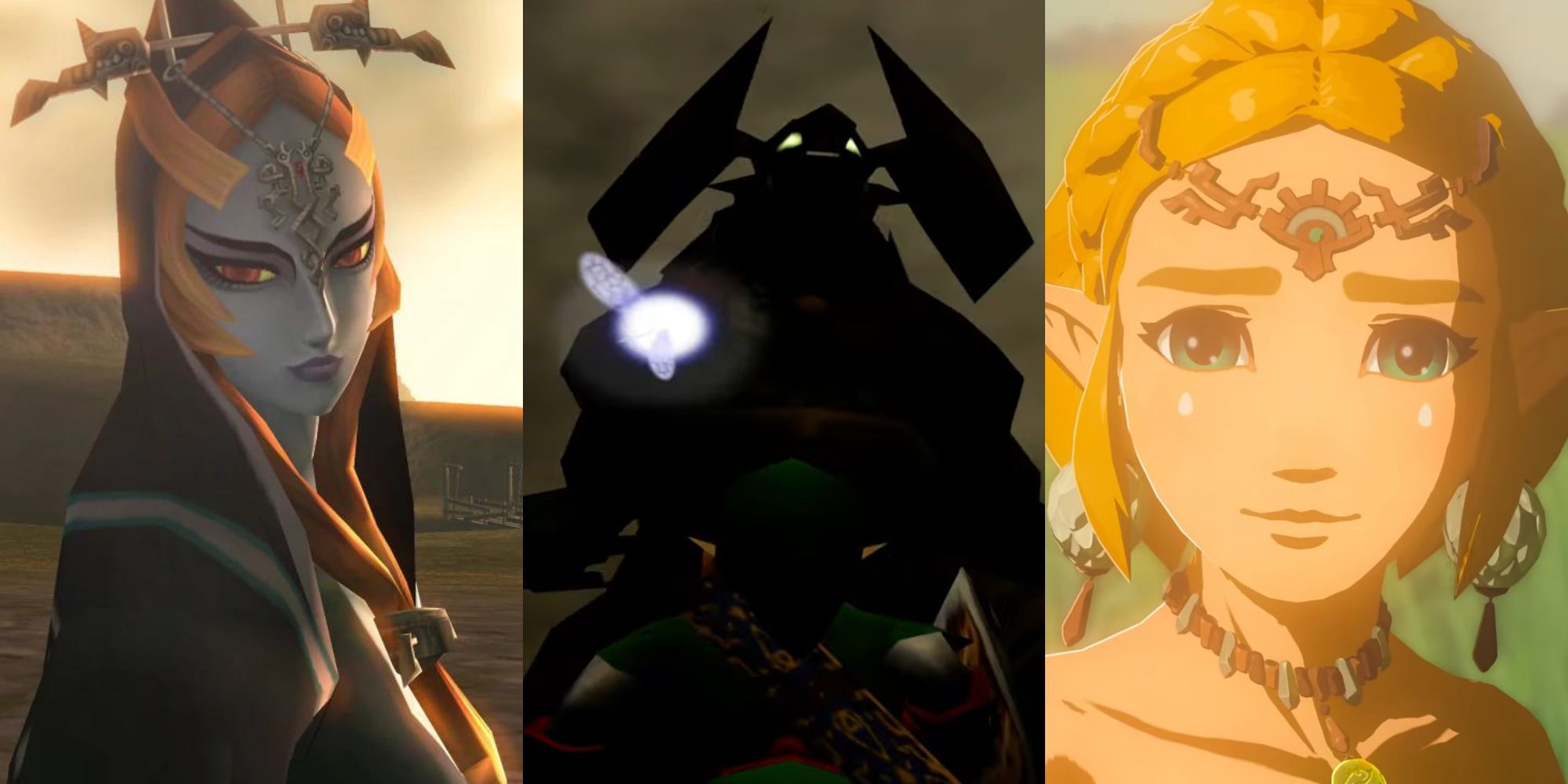 A collage with images of some of the best endings in the Legend of Zelda franchise: Twilight Princess, Ocarina of Time and Tears of the Kingdom.