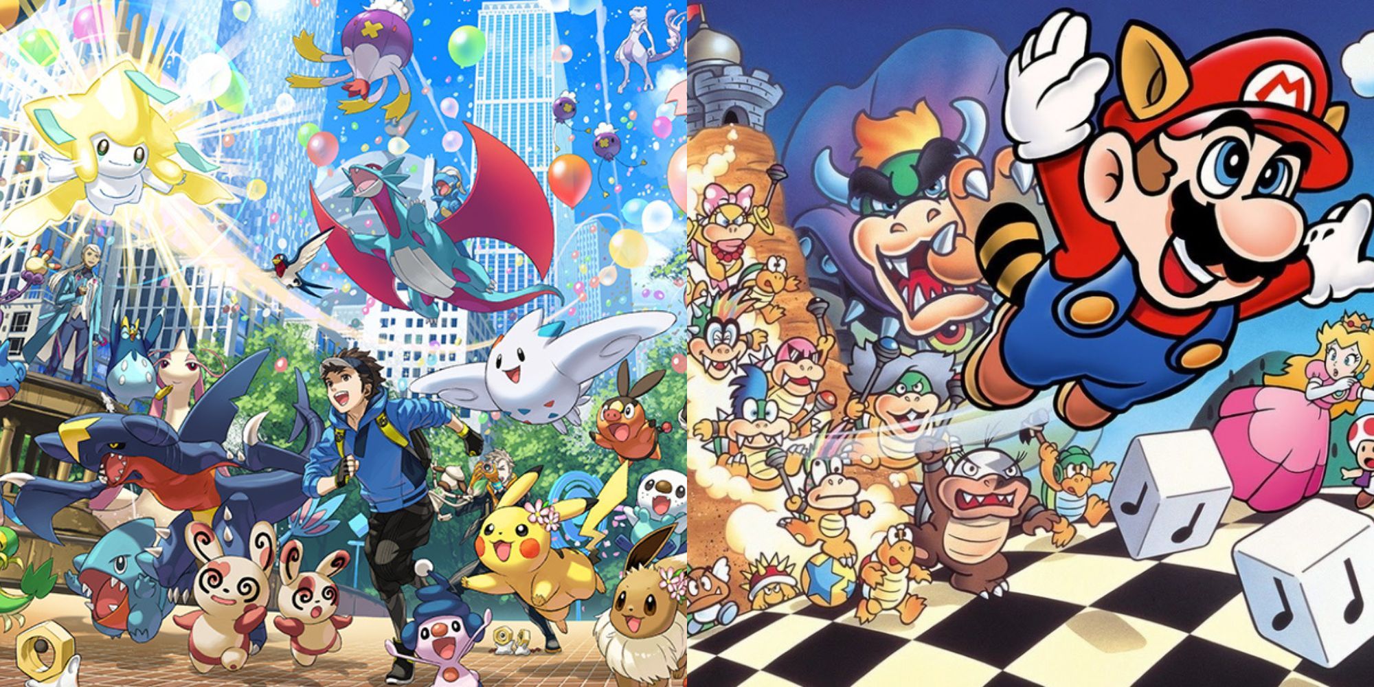 A collage of the two Nintendo franchises with the highest number of game releases: Pokemon and Mario.