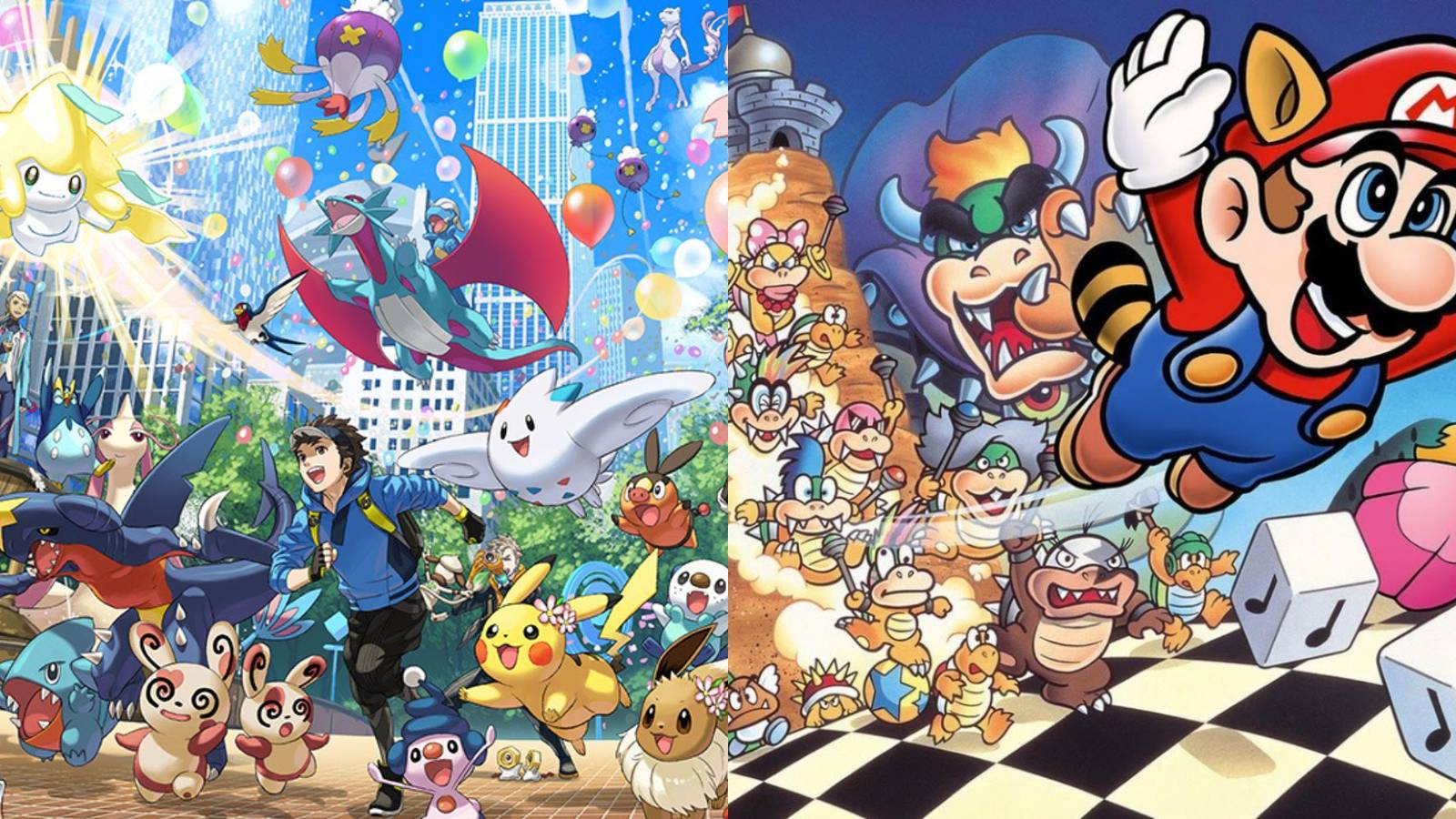 A collage of the two Nintendo franchises with the highest number of game releases: Pokemon and Mario.