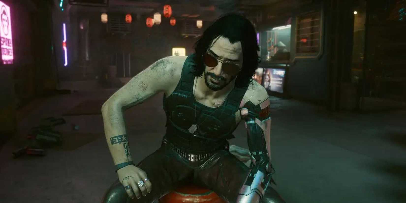 cyberpunk 2077 johnny silverhand sitting and looking serious