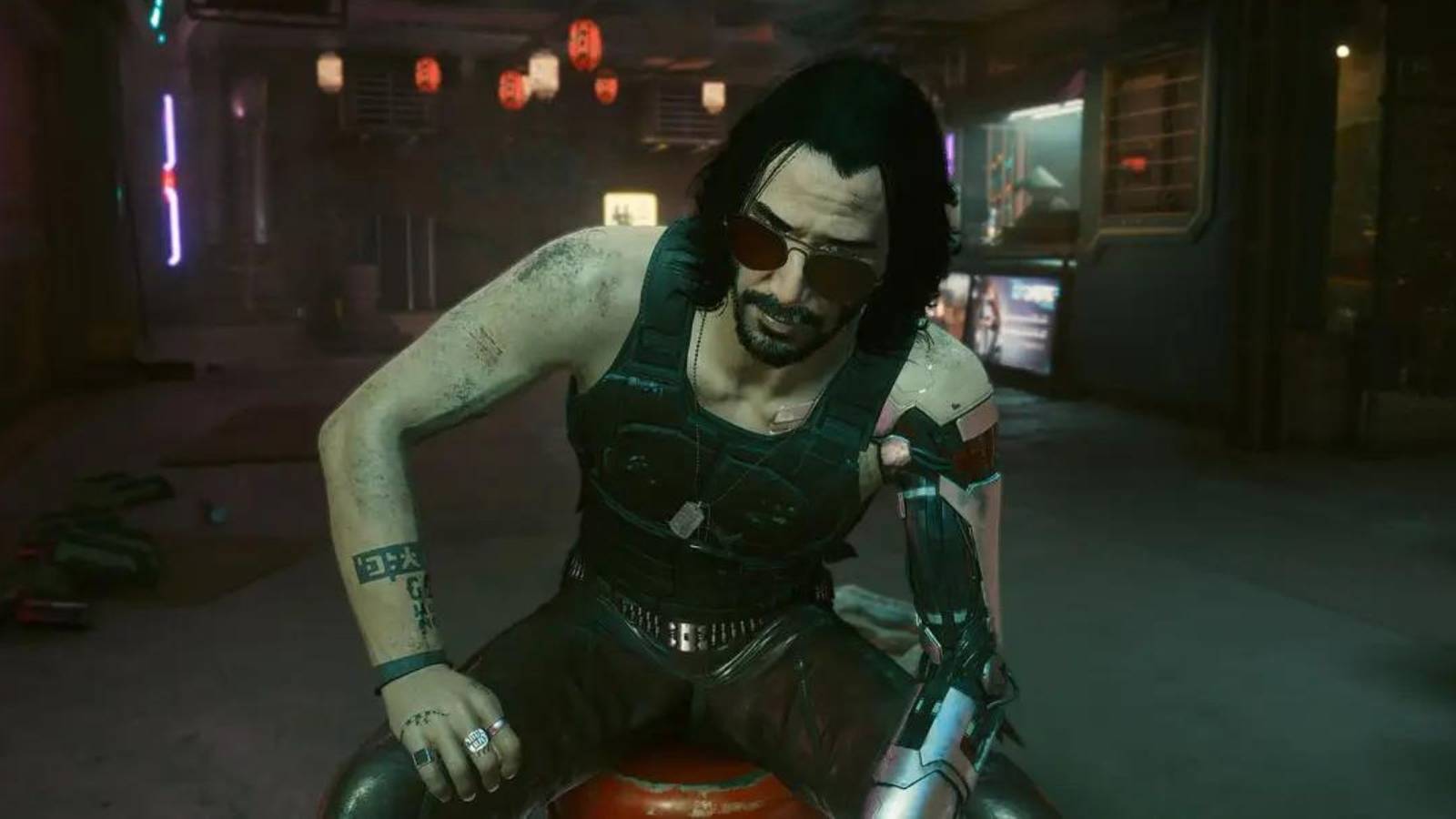 cyberpunk 2077 johnny silverhand sitting and looking serious