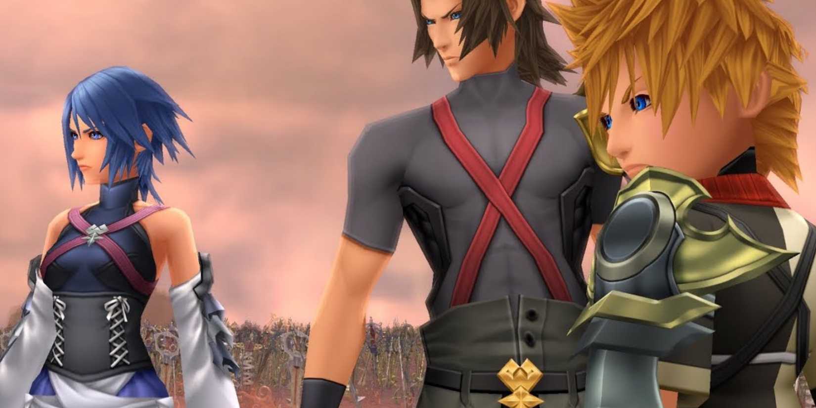 A cutscene featuring Aqua, Terra, and Ventus in Kingdom Hearts Birth By Sleep