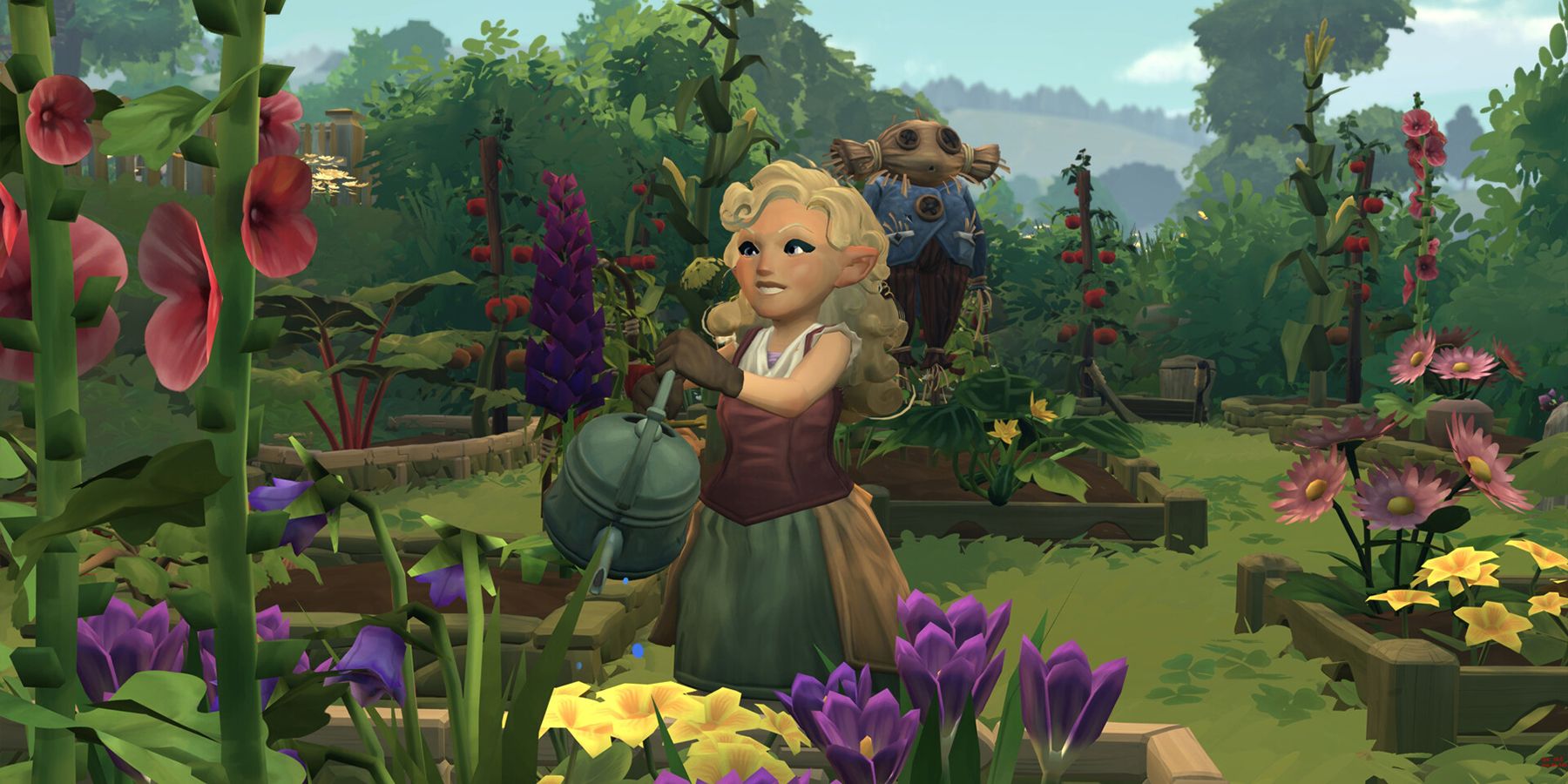 A Hobbit watering plants in Tales of the Shire
