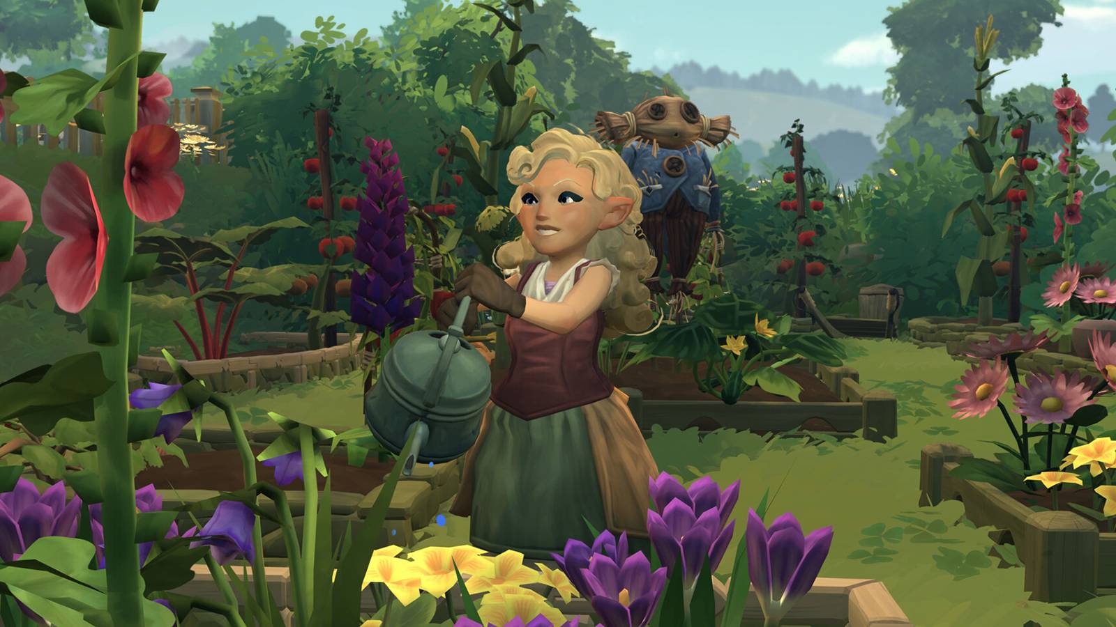 A Hobbit watering plants in Tales of the Shire