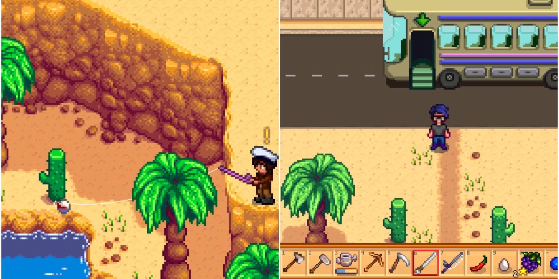 A player fishing in the Calico Desert and a player after getting off the bus