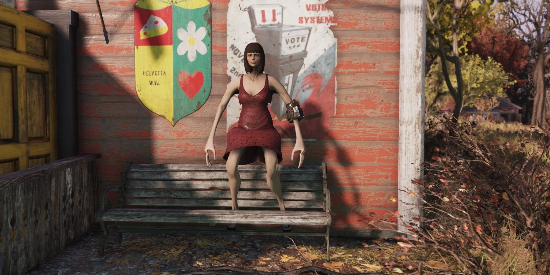 A Player Stretching And Clipping Through A Bench in Fallout 76