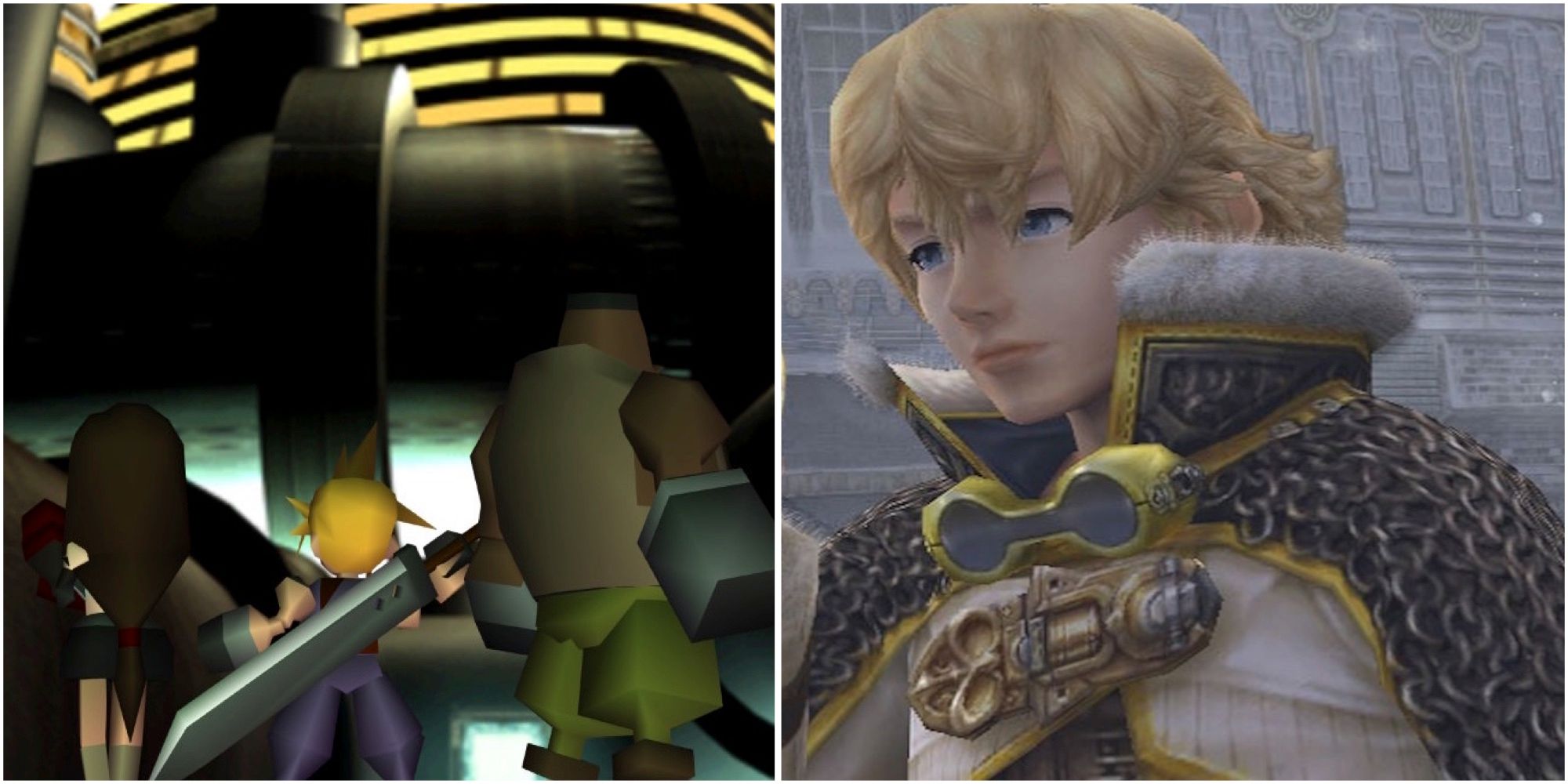 A scene featuring characters in Final Fantasy 7 and Layle in Final Fantasy Crystal Chronicles The Crystal Bearers