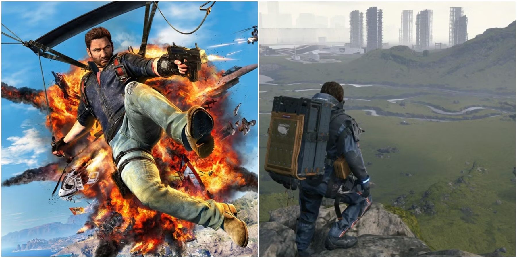 A split image of a parachute landing in Just Cause 3 and a large field in Death Stranding