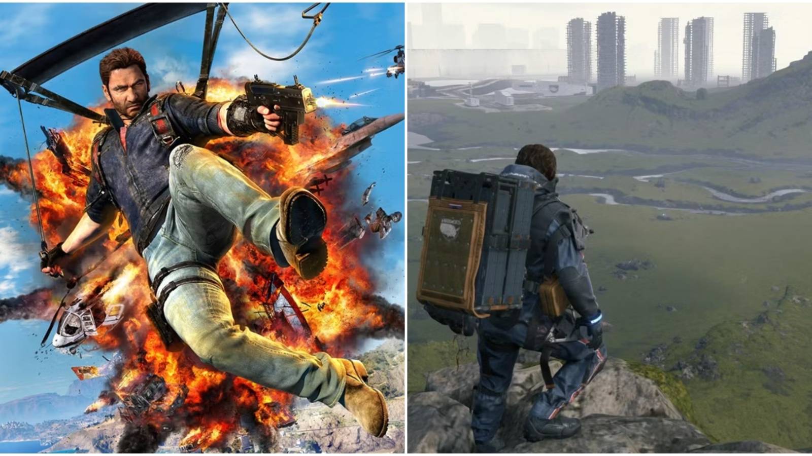 A split image of a parachute landing in Just Cause 3 and a large field in Death Stranding