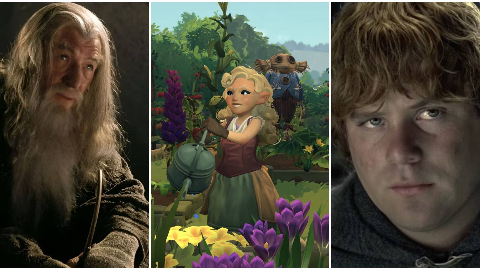 A split image of Gandalf and Sam in The Lord of the Rings and a Hobbit gardening in Tales of the Shire