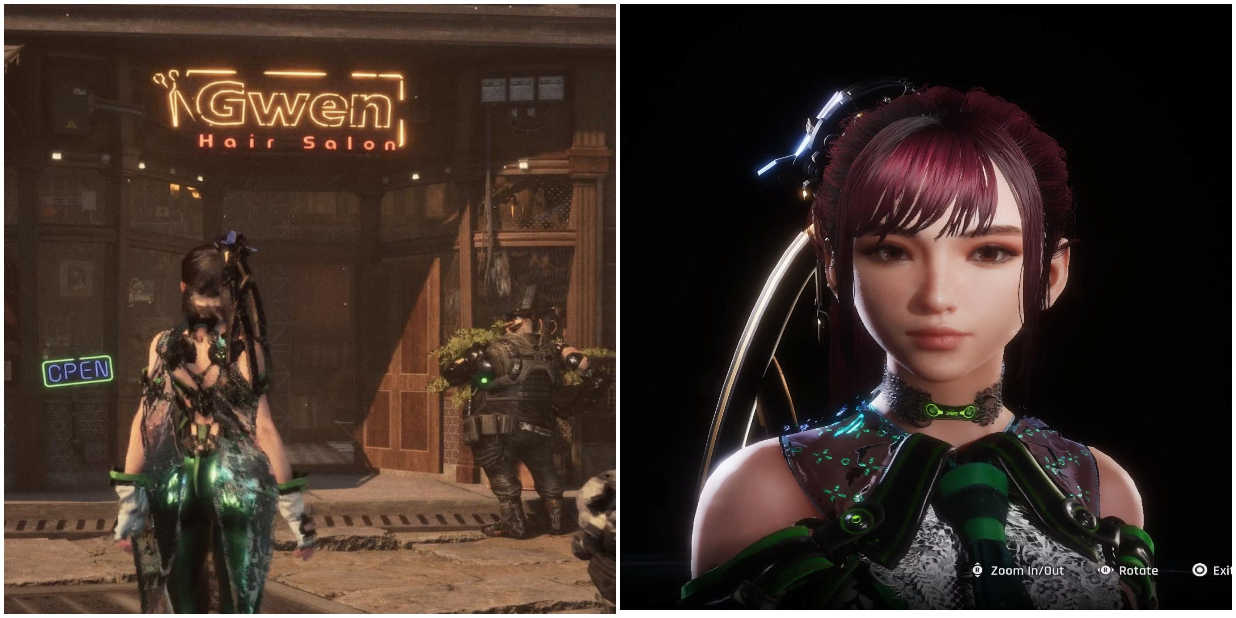 A split image of the Hair Salon in Stellar Blade and a closeup shot of Eve's face