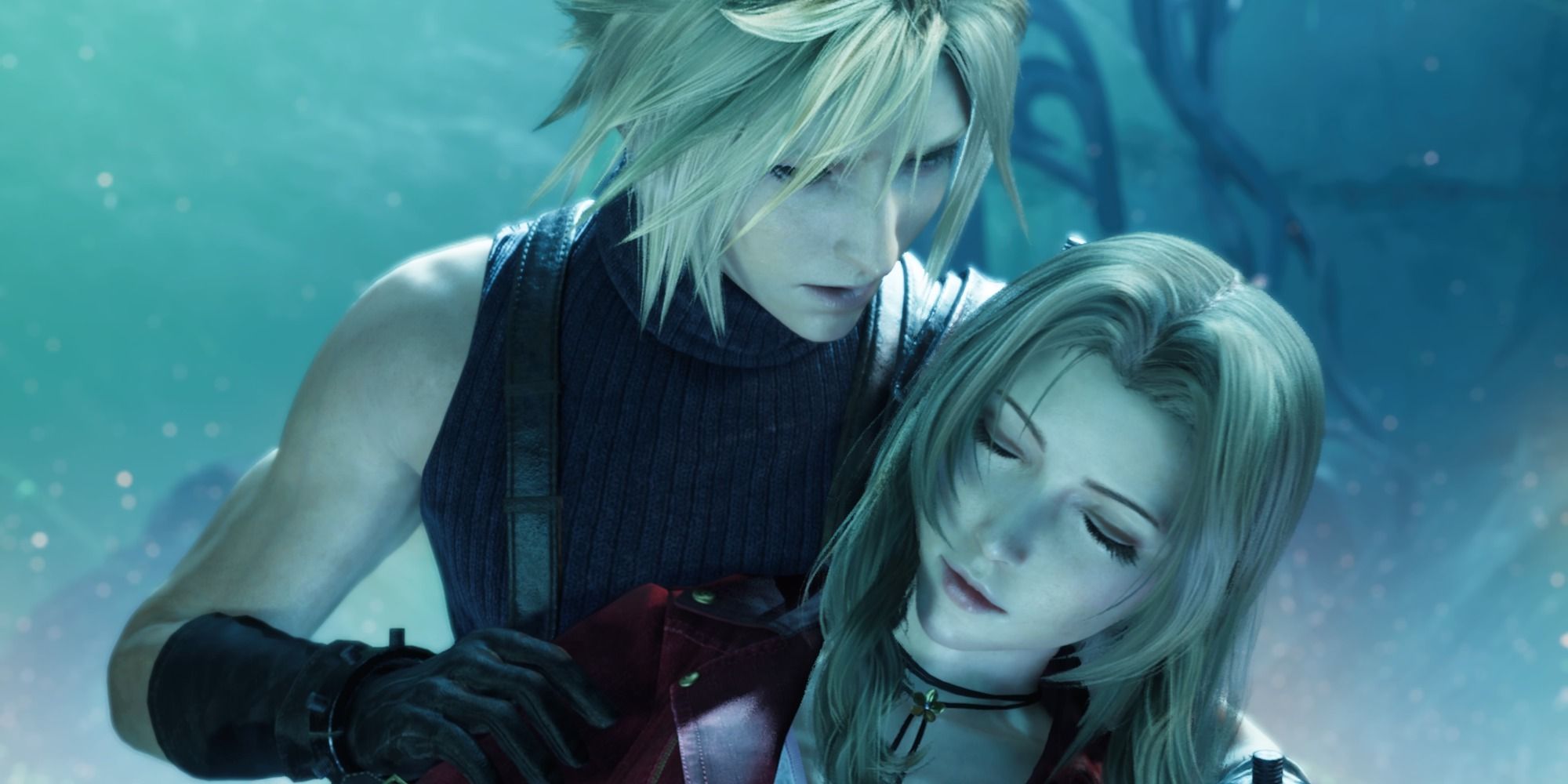 Cloud holding Aerith as she is dying