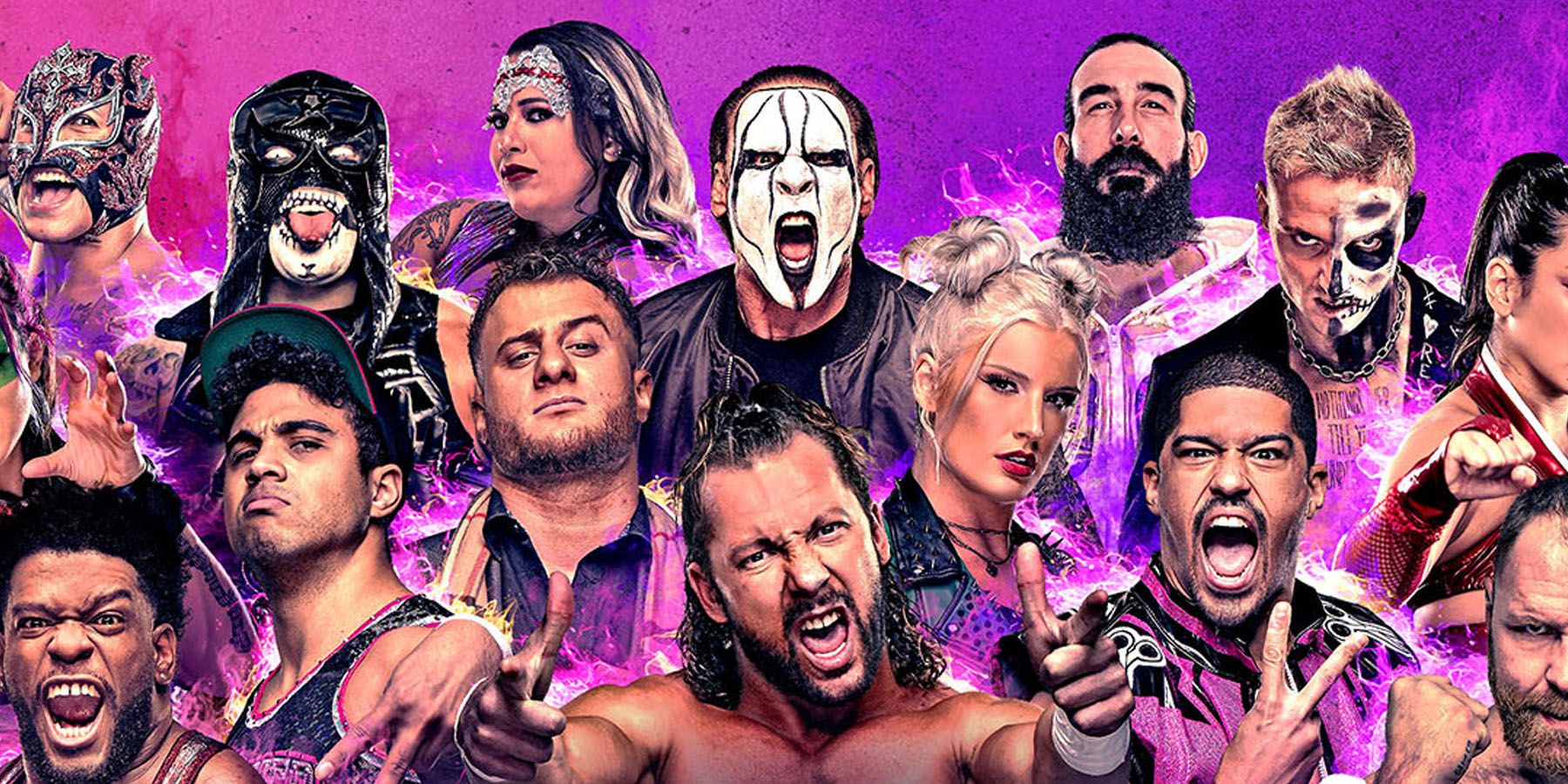 A promotional image featuring various AEW wrestlers in AEW Fight Forever.