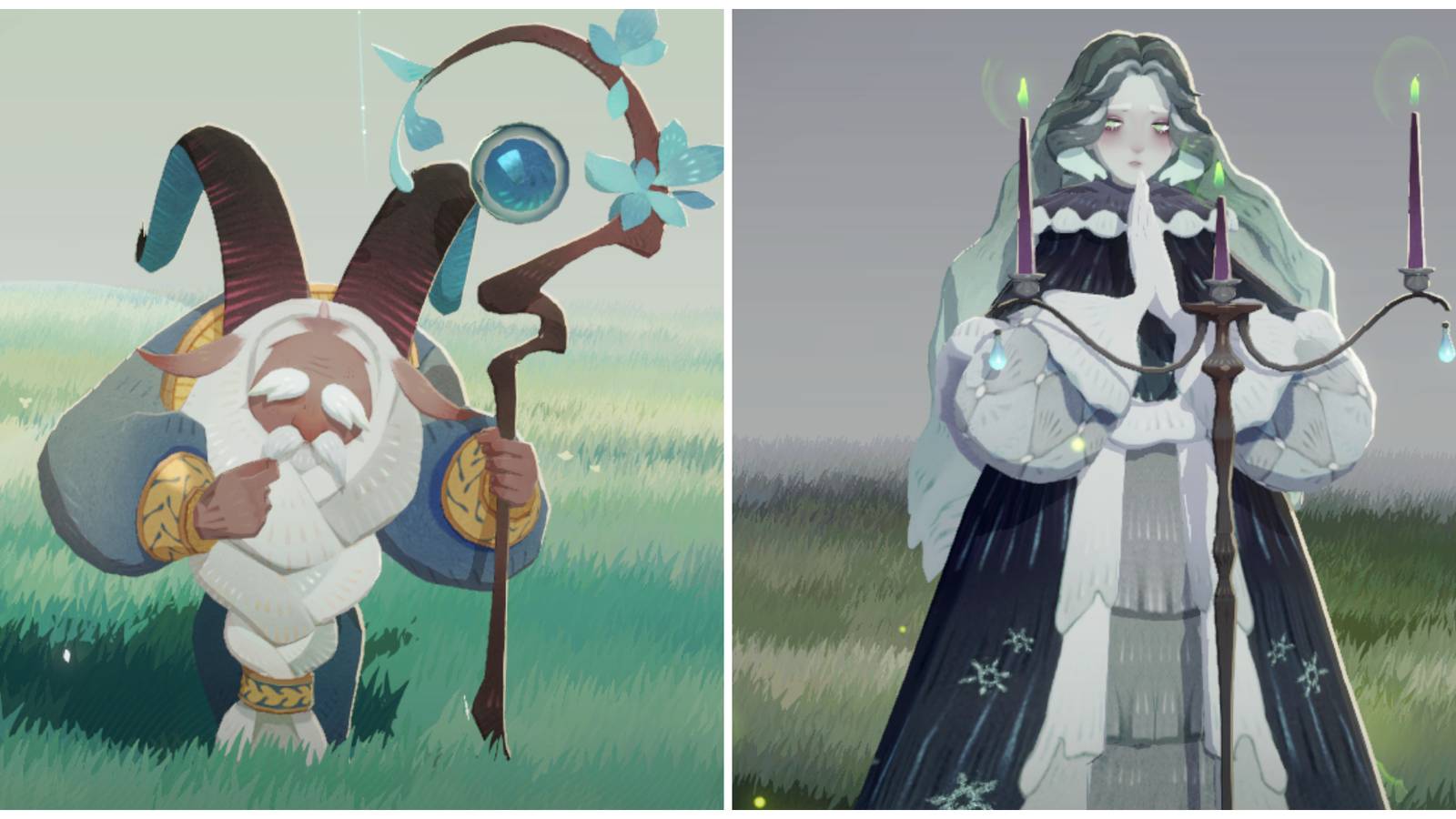 Split image of the characters Arden and Carolina in AFK Journey