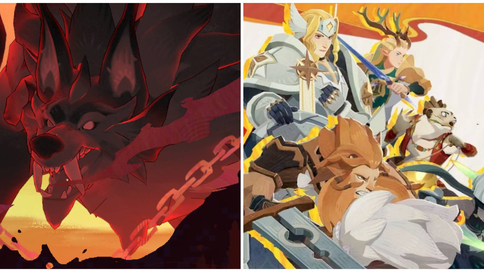 Split image of the Primal Lord boss and a bunch of hero characters in AFK Journey